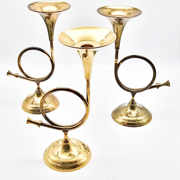Vintage Brass Trumpet Candle Holders,Set of Three ( 3 ), Taper Candle, Vintage Christmas, Holiday Decor, Christmas Mantle