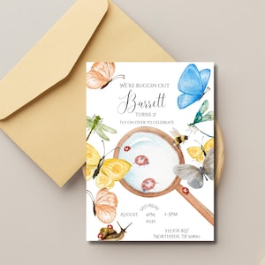 May include: A birthday invitation with watercolor illustrations of butterflies, bees, and a magnifying glass. The invitation reads "We're Buggin Out Barrett Turns 2! Fly on over to celebrate." Includes date, time, and address.