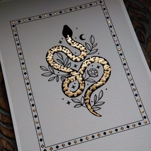 Gold Gilded Boho Celestial Snake Art print, A5, UNFRAMED.