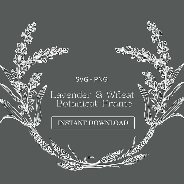 Mono Lavender & Wheat Botanical Wreath frame clipart, SVG, PNG Digital download // Monogram art // Botanical illustration.