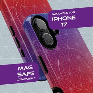 May include: A phone case with a geometric pattern in shades of red and purple. The case is designed for an iPhone 17 and is MagSafe compatible. The case has a glossy finish and features the phone's camera lenses.