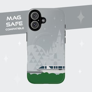 Disney-inspired Tough Magnetic Cases - Monorail Silver Phone Case with Cinderella&#39;s Castle Spaceship Earth, iPhone 16, 15, 14 Disney