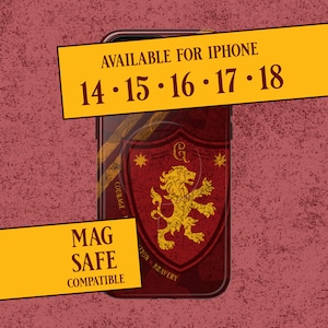 May include: A maroon phone case featuring a gold lion crest emblem with the text "COURAGE" and "BRAVERY". The case is MagSafe compatible and available for iPhone 14, 15, 16, 17, and 18. The design includes a shield shape and star accents.