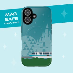 Disney-inspired Tough Magnetic Cases - Monorail Teal Phone Case with Cinderella&#39;s Castle Spaceship Earth, iPhone 16, 15, 14 Disney