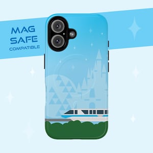 Disney-inspired Tough Magnetic Cases - Monorail Blue Phone Case with Cinderella&#39;s Castle Spaceship Earth, iPhone 16, 15, 14 Disney