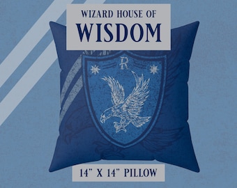 Ravenclaw Inspired Throw Pillow – Blue & Silver Distressed Wizard House Accent Pillow – Hogwarts Common Room Decor (14" x 14")