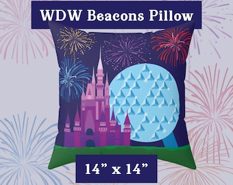 WDW Park Beacons Double-Sided Throw Pillow – Four Icons Retro Magic Kingdom Epcot Accent Pillow – Disney Adult Home Decor (14" x 14")