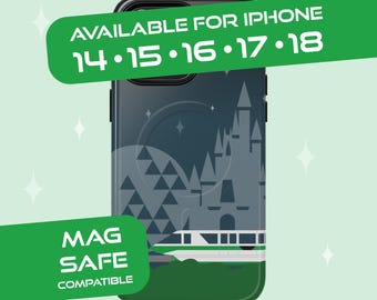 Disney-inspired Tough Magnetic Cases - Monorail Green Phone Case with Cinderella's Castle Spaceship Earth, iPhone 18, 17, 16, 15, 14