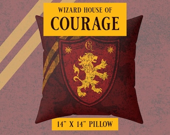Gryffindor Inspired Throw Pillow – Maroon & Gold Distressed Wizard House Accent Pillow – Hogwarts Common Room Decor (14" x 14")