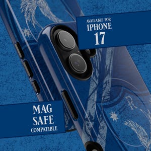 May include: A blue iPhone 17 phone case with a white decorative design. The case is MagSafe compatible. The image shows the phone case at an angle, with the camera lenses visible. The text "Available for iPhone 17" is also visible.