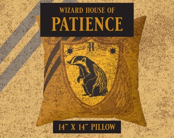 Hufflepuff Inspired Throw Pillow – Black & Gold Distressed Wizard House Accent Pillow – Hogwarts Common Room Decor (14" x 14")
