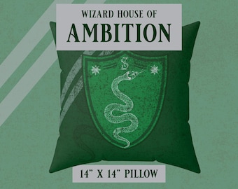 Slytherin Inspired Throw Pillow – Green & Silver Distressed Wizard House Accent Pillow – Hogwarts Common Room Decor (14" x 14")
