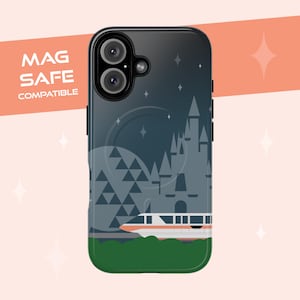 Disney-inspired Tough Magnetic Cases - Monorail Peach Phone Case with Cinderella&#39;s Castle Spaceship Earth, iPhone 16, 15, 14 Disney