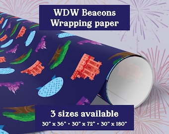WDW Park Beacons Wrapping Paper – Four Icons Colorful Magic Kingdom Epcot Gift Wrap – Disney Fan Holiday & Birthday Paper