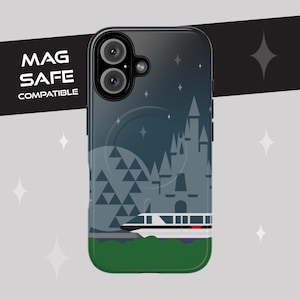 Disney-inspired Tough Magnetic Cases - Monorail Black Phone Case with Cinderella&#39;s Castle Spaceship Earth, iPhone 16, 15, 14 Disney