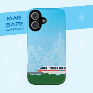Disney-inspired Tough Magnetic Cases - Monorail Coral/Blue Phone Case with Cinderella&#39;s Castle Spaceship Earth, iPhone 16, 15, 14 Disney