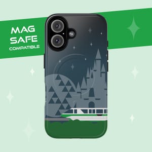 Disney-inspired Tough Magnetic Cases - Monorail Green Phone Case with Cinderella&#39;s Castle Spaceship Earth, iPhone 16, 15, 14 Disney