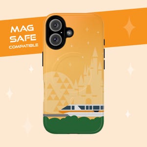 Disney-inspired Tough Magnetic Cases - Monorail Orange Phone Case with Cinderella&#39;s Castle Spaceship Earth, iPhone 16, 15, 14 Disney