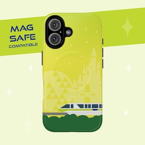 Disney-inspired Tough Magnetic Cases - Monorail Lime Phone Case with Cinderella&#39;s Castle Spaceship Earth, iPhone 16, 15, 14 Disney