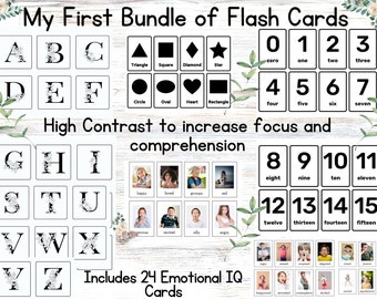 High Contrast Flash Cards, Numbers 1-15, Letters A-Z, and 24 Emotional IQ Cards