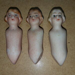 Et 029/ Three antique Bisquit dollhouse dolls upper body without arms and legs size approx. 1.58&quot;/ 55 mm