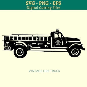 May include: Black silhouette of a vintage fire engine with a ladder on top and the words "FIRE DEPT" on the side.