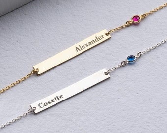 Personalized Name Bar Bracelet with Birthstone Gold Nameplate Bracelet Dainty Engraved Charm Bracelet Silver Birthstone Jewelry New Mom Gift