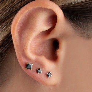 Tiny Square Earrings Black Cubic Zirconia Studs Silver Black Onyx Earrings Princess Cut Earrings Cartilage Earrings Solitaire Earrings