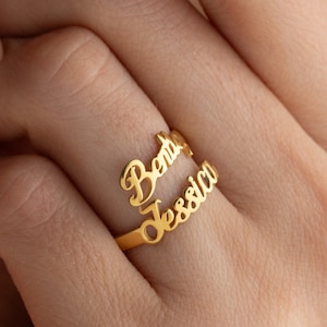 Anel personalizado com dois nomes, anel ajustável com dois nomes, anel com vários nomes, joias com nomes de ouro 14K para presentes de aniversário de casal