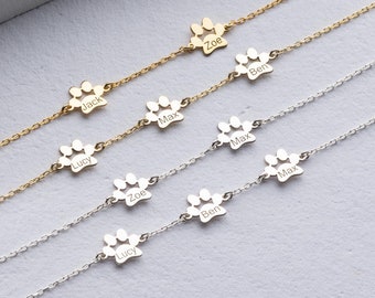Engraved Paw Print Bracelet Custom Pet Name Bracelet Pet Loss Memorial Jewelry Multiple Paw Bracelet Silver Pet Tag Bracelet Dog Lover Gift
