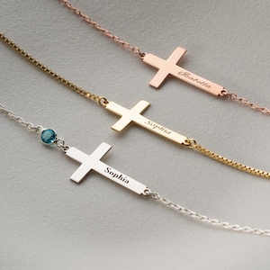 Birthstone Name Cross Bracelet Dainty Name Bracelet with Birthstone Cross Sideways Cross Bracelet Custom Religious Gift Christian Jewelry