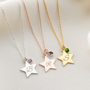 Personalized Star Initial Necklace: Engraved Sterling Silver Birthstone Pendant