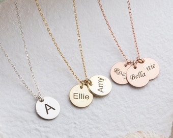 Personalized Disc Necklace Multiple Name Necklace Initial Disc Necklace Gold Engraved Coin Necklace Family Name Necklace Round Disc Necklace