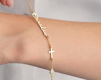 Personalized Name Bracelet with Birthstone Tiny Gold Cross Bracelet Signature Name Bracelet Christian Jewelry Cross and Birthstone Bracelet