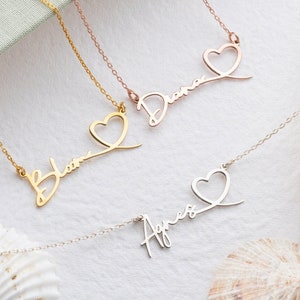 Collar con nombre personalizado y corazón Collar de oro de 14 quilates con escritura a mano personalizada Collar de plata con forma de corazón Regalo romántico para ella