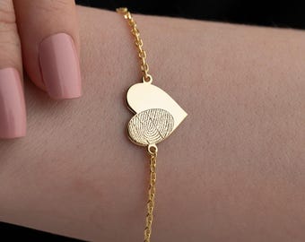 指紋刻印ハートブレスレット：スターリングシルバーメモリアル