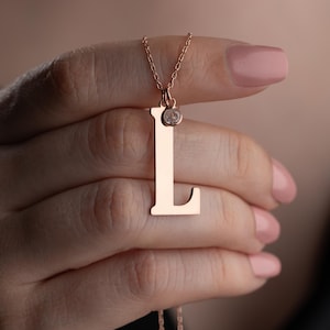 Collar de plata de ley con inicial grande y piedra de nacimiento, colgante personalizado con letra grande, collar con alfabeto A-Z, joyería con letras, dije con piedra de nacimiento pequeña