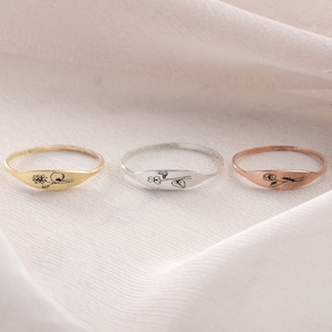Tiny Silver Birth Flower Ring Engraved Birth Flower Ring Personalized Birth Month Flower Ring Gold Signet Ring Minimalist Slim Ring for Mom