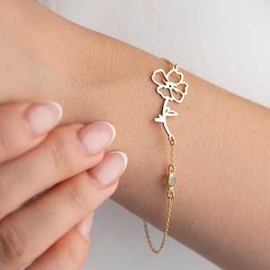 Birth Flower Bracelet with Birthstone Dainty Wildflower Bracelet Personalized Birth Month Jewelry Silver Birthstone Jewelry Charm Bracelet