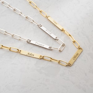 Collar con barra con nombre grabado, collar con nombre de varias familias, cadena de clip de plata, joyería para parejas, collar con nombre de niños personalizado, regalo de aniversario