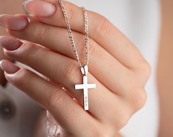 Personalized Silver Cross Necklace - Custom Name Engraved Faith Pendant- Baptism First Communion Gift - Unisex Religious Jewelry for Her Him