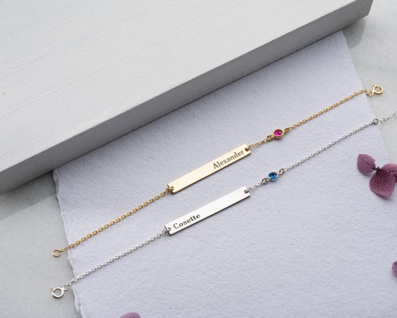 Personalized Name Bar Bracelet: Sterling Silver Birthstone Charm