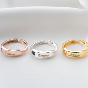 Anillo con nombre personalizado y piedra de nacimiento Anillo ajustable con nombre grabado Anillo delicado con piedra de nacimiento de plata Anillo con nombre y piedra de nacimiento para bebé Anillos para mamá