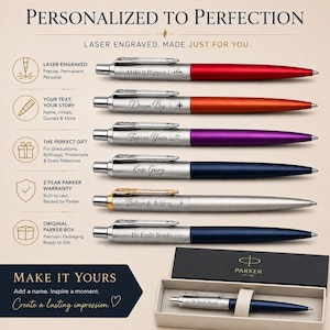 May include: Six ballpoint pens with silver-tone caps and barrels in red, orange, purple, blue, silver, and dark blue. Each barrel features laser-engraved text including Make It Happen, Dream Big, Forever Yours, Keep Going, Believe & Achieve, and Dr. Emily Brooks.
