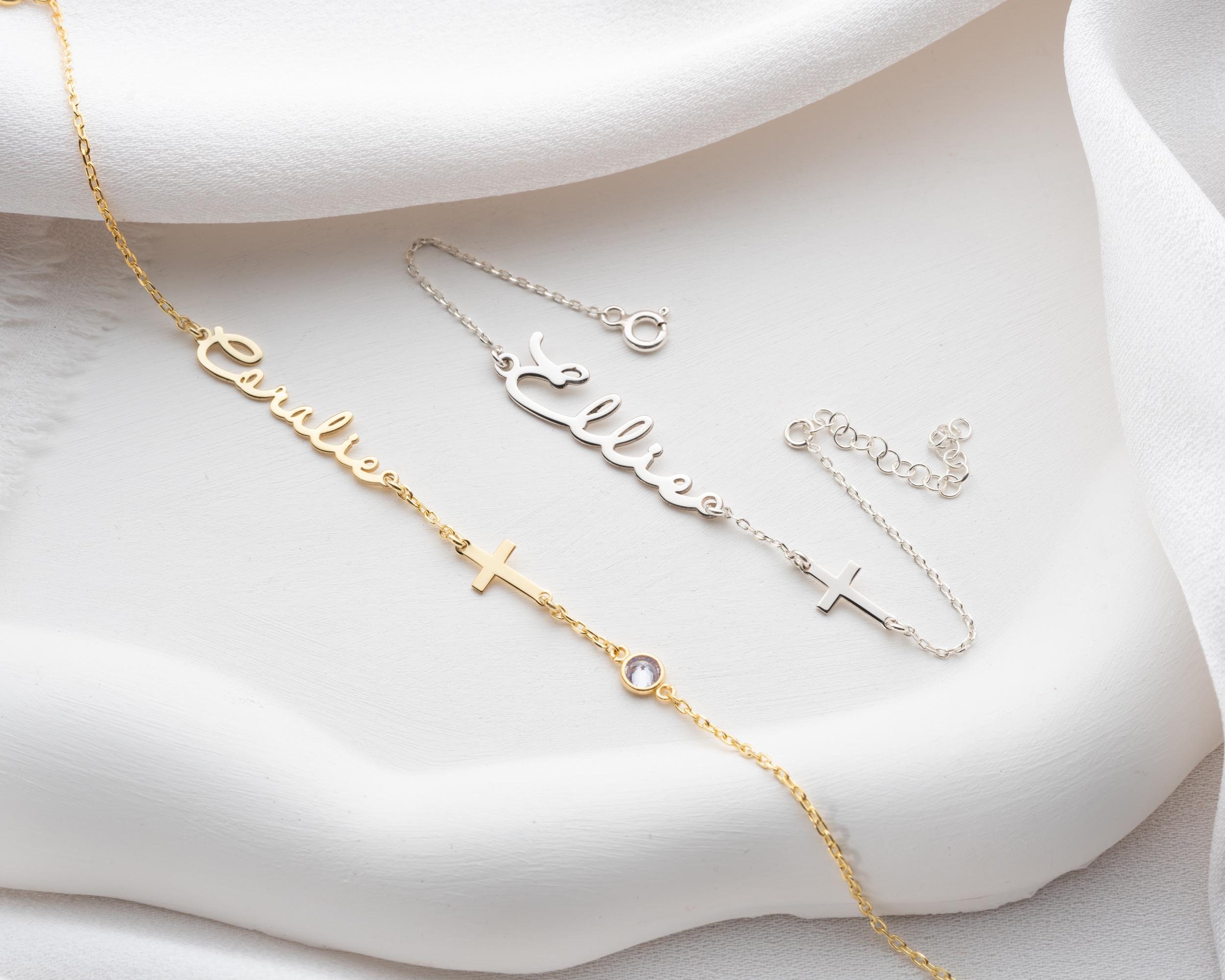 Dainty Name Bracelet with Birthstone Cross Custom Gold Name Bracelet Cross Charm Bracelet Handwritten Name Christian Bracelet Baptism Gifts
