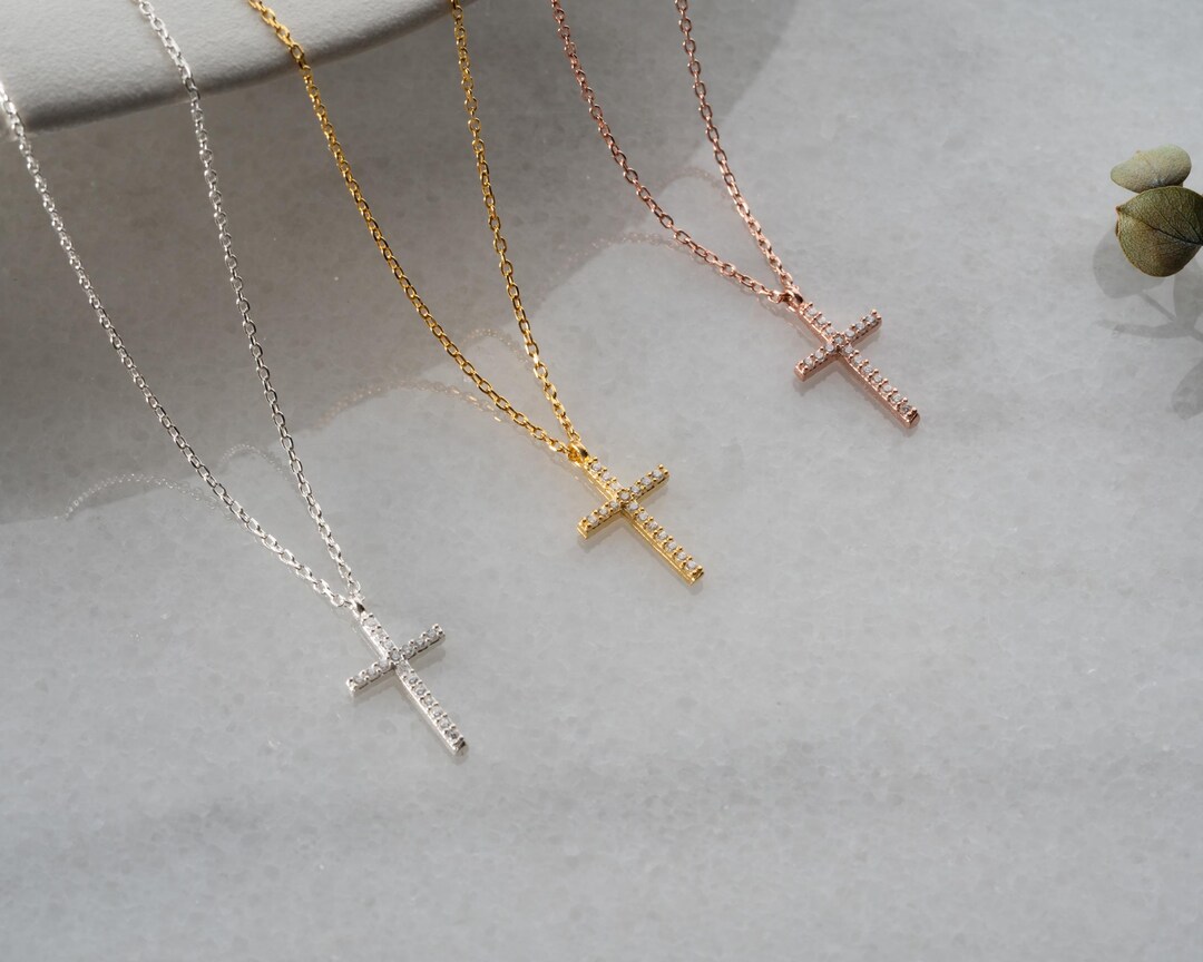 Dainty Sterling Silver Cross Necklace: Cubic Zirconia Christian Pendant ...