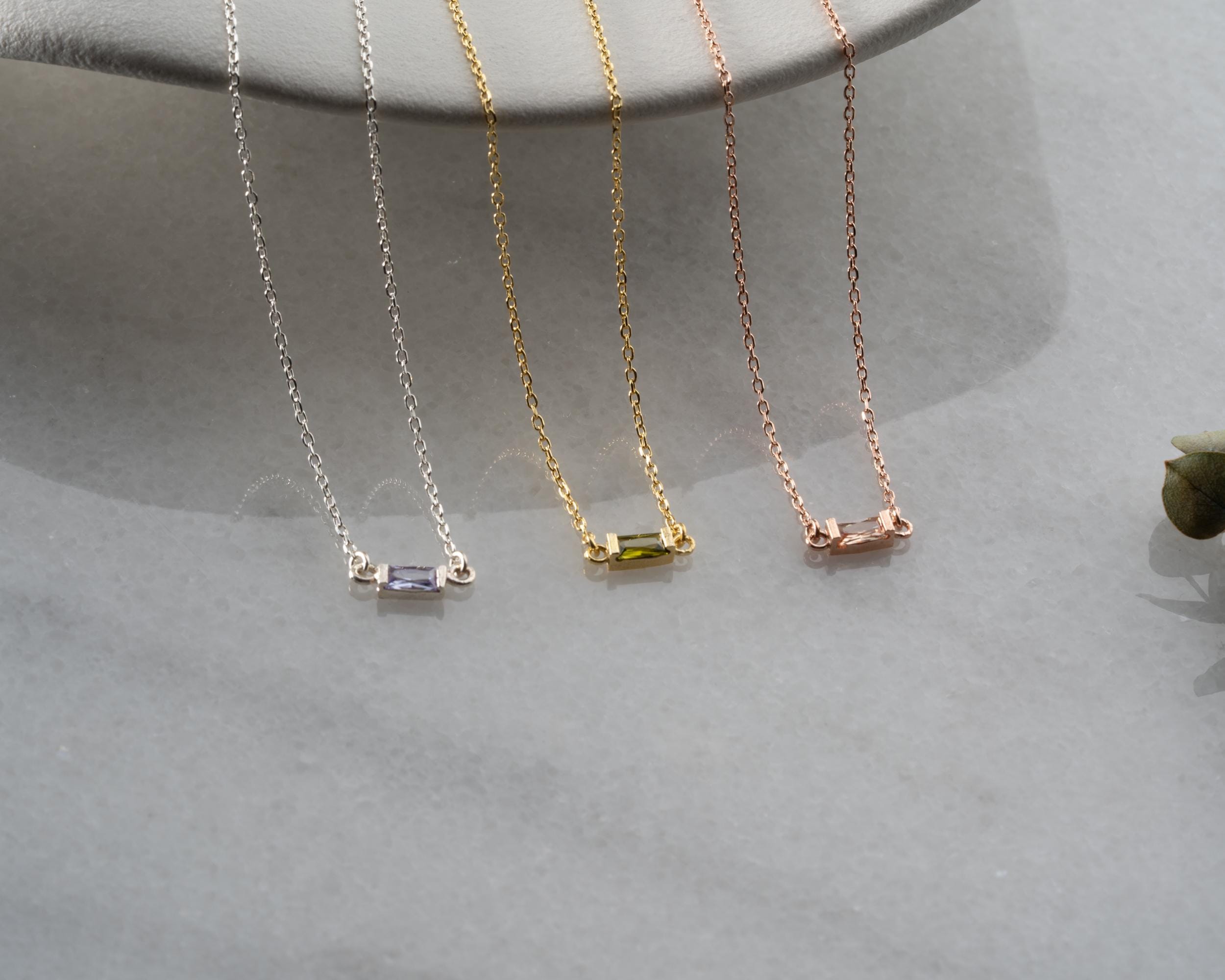 Sterling Silver Baguette Birthstone Necklace Personalized Dainty Birthstone Pendant Tiny Birthstone Necklace Custom Gold Birth Month Jewelry