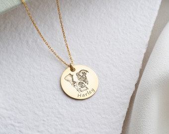 Actual pet picture necklace gold, Pet photo Necklace Gold, Actual Paw Print Necklace, Engraving Pet Portrait Necklace, Dog Necklace