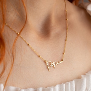 Collar con cadena de bolas de plata esterlina y nombre Collar con cadena de bolas de oro Collar con placa de nombre personalizada Collar con cadena satélite Collar con nombre personalizado