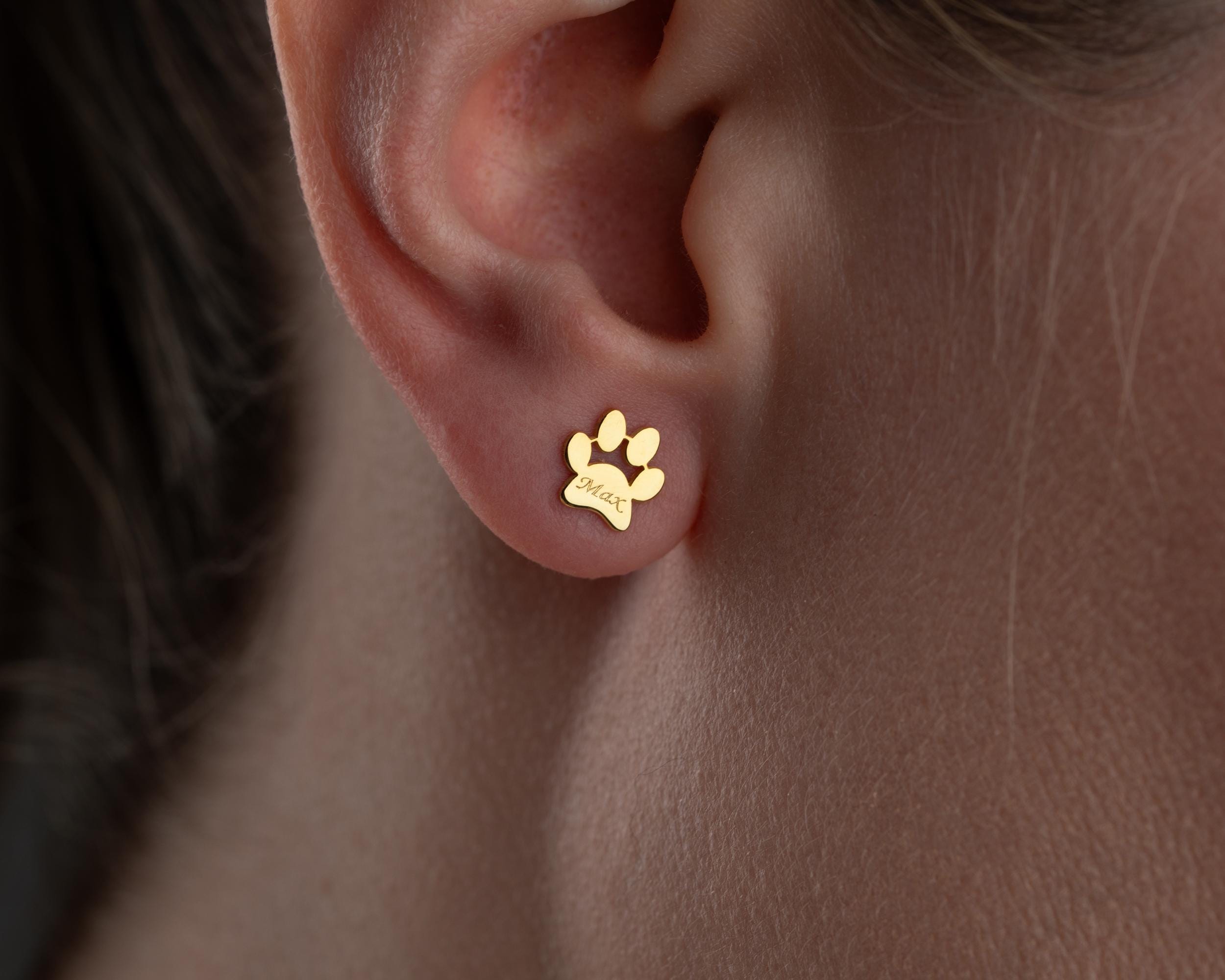 Personalized Paw Print Stud Earrings, Custom Name Pet Jewelry, Dog…